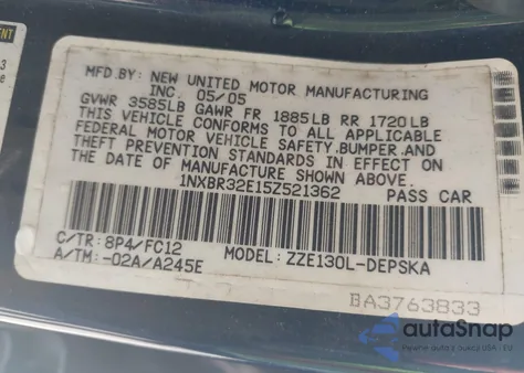 2005 Toyota Corolla S from USA, damaged, VIN 1NXBR32E15Z521362